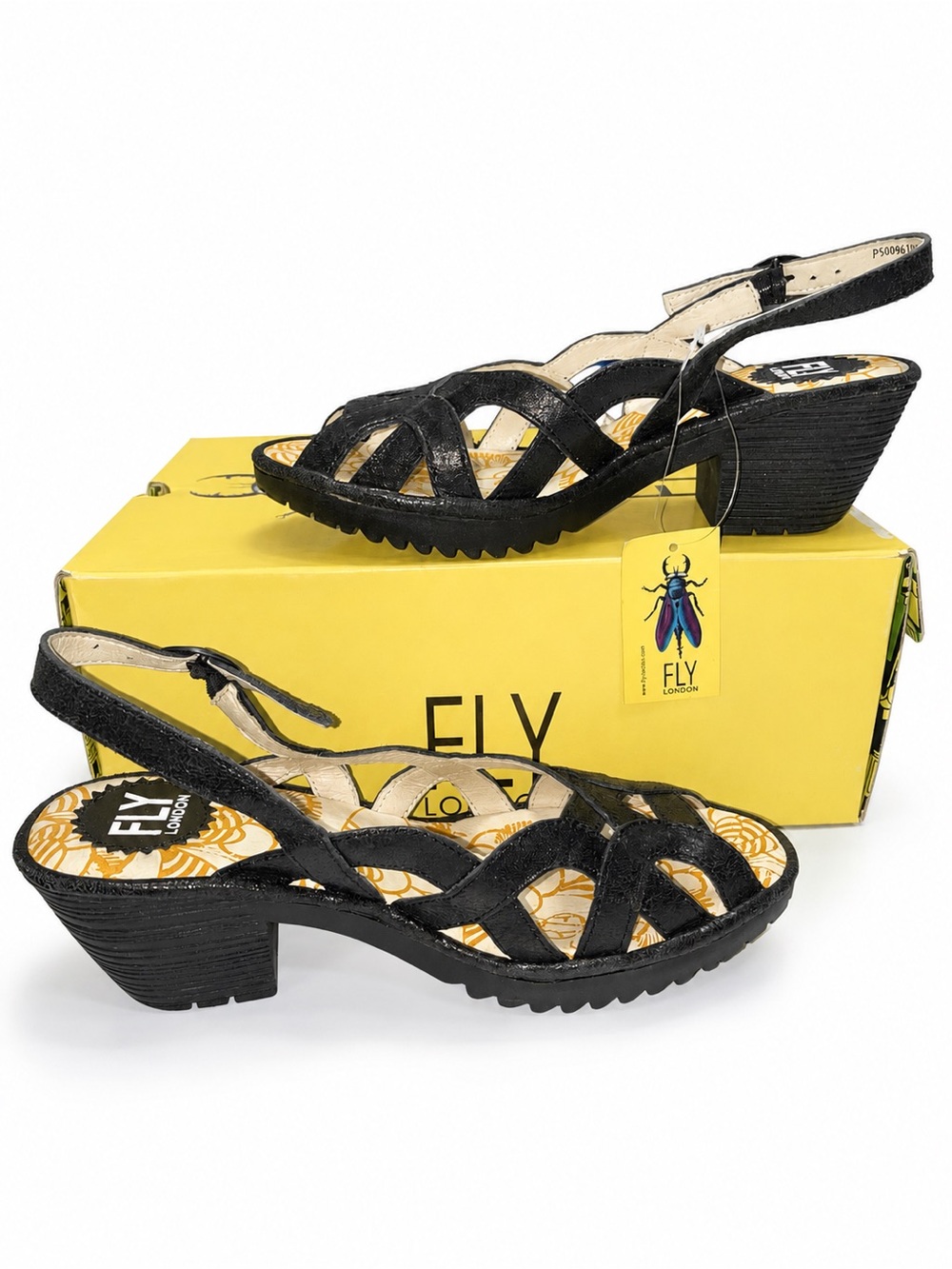Fly London Weza961 Black Leather Slingback Sandals Women’s EU 38 US 7.5 NWT